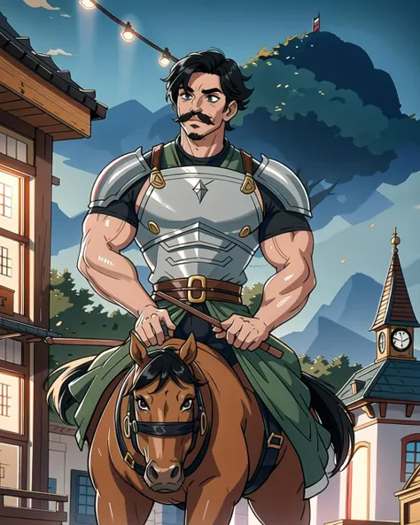 ((masterpiece), best quality, high quality, professional quality, highly detailed, highres, perfect lighting, natural lighting), (1boy, muscular, handsome, mustache, short hair, black hair), wearing armor, riding a horse, in a fantasy town