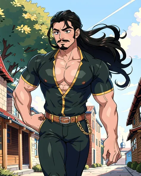 ((masterpiece), best quality, high quality, professional quality, highly detailed, highres, perfect lighting, natural lighting), (1boy, muscular, handsome, facial hair, long hair, black hair), wearing fantasy clothing, running, outdoors