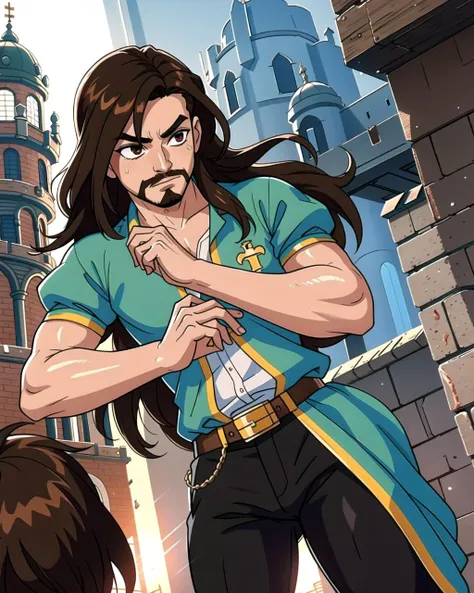 ((masterpiece), best quality, high quality, professional quality, highly detailed, highres, perfect lighting, natural lighting), (1boy, slender, handsome, facial hair, long hair, brown hair), wearing fantasy clothing, fighting, in a castle