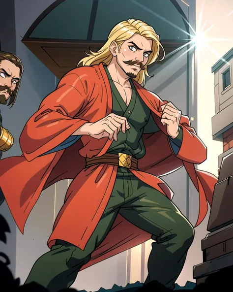 ((masterpiece), best quality, high quality, professional quality, highly detailed, highres, perfect lighting, natural lighting), (1boy, muscular, handsome, mustache, medium length hair, blonde hair), wearing wizard robes, fighting, on a battlefield