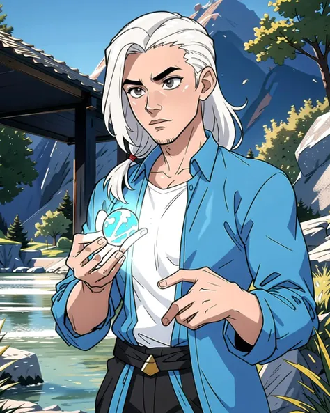 ((masterpiece), best quality, high quality, professional quality, highly detailed, highres, perfect lighting, natural lighting), (1boy, slender, handsome, no facial hair, long hair, white hair), wearing fantasy clothing, casting a spell, by a lake