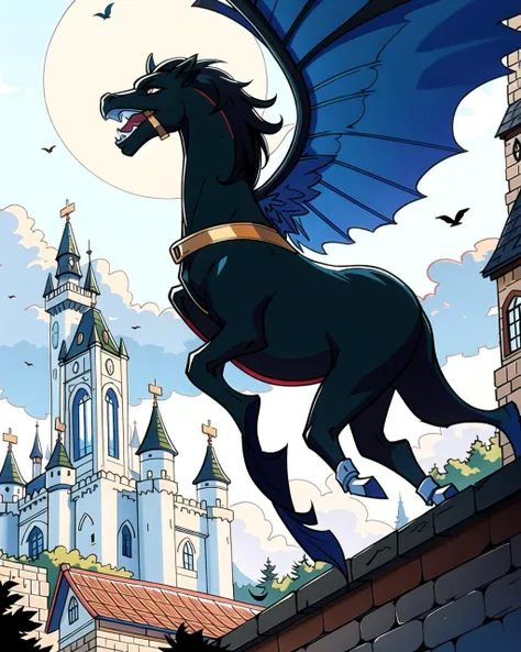 ((masterpiece), best quality, high quality, professional quality, highly detailed, highres, perfect lighting, natural lighting), pegasus, jumping, on castle tower