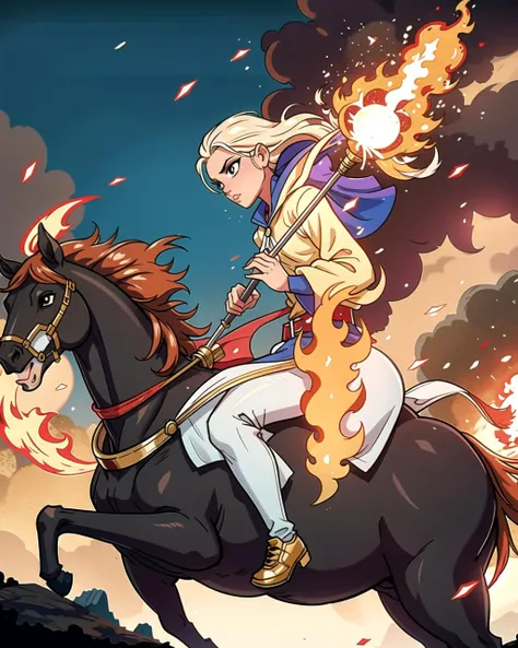 ((masterpiece), best quality, high quality, professional quality, highly detailed, highres, perfect lighting, natural lighting), young wizard, wearing fantasy clothing, casting a fire spell, from horseback