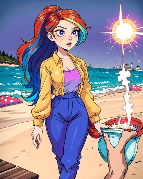 ((masterpiece), best quality, high quality, professional quality, highly detailed, highres, perfect lighting, natural lighting), (1girl, beautiful, medium breasts, (multicolored hair, blue hair,purple hair,red hair, long hair, high ponytail), perfecteyes eyes), (wearing leopard print, extremelyBeautiful_beautifulclotheswild/Extremely beautiful clothes), on the beach, walking the boardwalk, <lyco:locon_perfecteyes_v1_from_v1_64_32:0.6>
