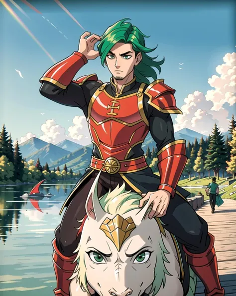 ((masterpiece), best quality, high quality, professional quality, highly detailed, highres, perfect lighting, natural lighting), (1boy, slender, handsome, no facial hair, medium length hair, green hair), wearing armor, riding a dragon, by a lake