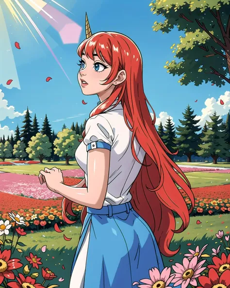 ((masterpiece), best quality, high quality, professional quality, highly detailed, highres, perfect lighting, natural lighting), unicorn, rearing back, field of flowers