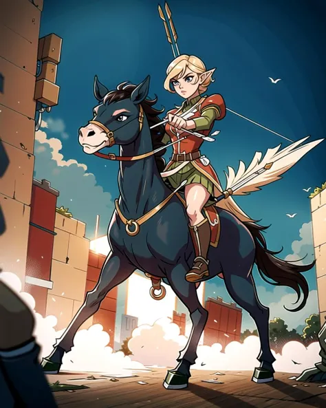 ((masterpiece), best quality, high quality, professional quality, highly detailed, highres, perfect lighting, natural lighting), male centaur, charging, bow and arrow drawn, in battle against goblins