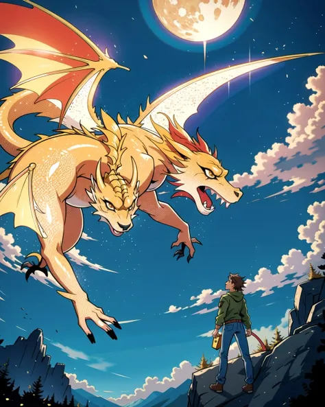 ((masterpiece), best quality, high quality, professional quality, highly detailed, highres, perfect lighting, natural lighting), golden dragon, flying in sky, clouds, night
