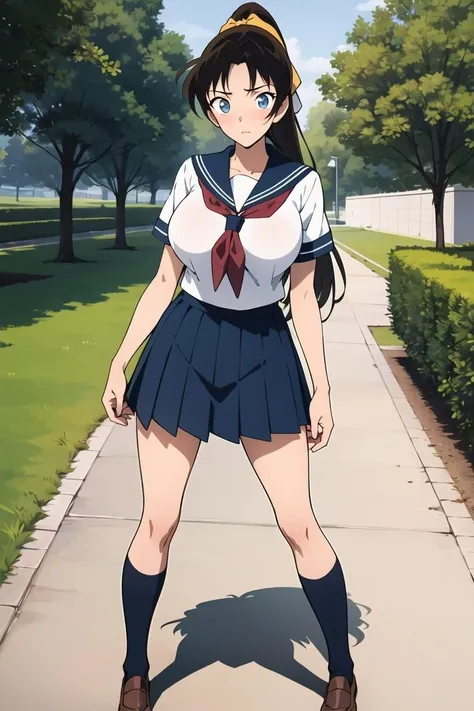 ((masterpiece)),((best quality)),ultra-detailed,illustratio,Explicit,nsfw,Beautiful body,Beautiful Nose,Beautiful character design,perfect eyes,perfect face,wallpaper,ultra highres,4K,photography,(Beautiful, large breasts:1.2),(beautiful face:1.2),(beautiful legs, perfect legs),(full body:1.2),(meitantei conan \(style\), detecive conan \(style\), meitantei conan),shiny skin,anime screencap,official style,Toyama Kazuha,1girl,solo,school uniform,ponytail,skirt,looking at viewer,blush,socks,breasts,blue eyes,shoes,brown hair,blue skirt,pleated skirt,long hair,neckerchief,blue socks,loafers,black hair,short sleeves,brown footwear,sailor collar,red neckerchief,shirt,white shirt,hair bow,bow,blue sailor collar,ribbon,kneehighs,full body,scrunchie,bangs,black socks,grey eyes,parted bangs,<lora:Toyama Kazuha_:0.7>,outdoor,way,Cherry tree,The tree,school,gate,standing,