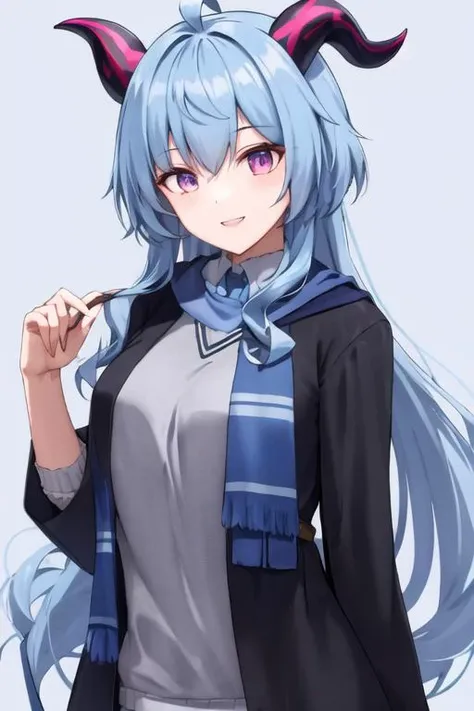 by MDA Starou, best quality, ganyu \(genshin impact\), 1girl, solo, light blue hair, ahoge, long hair, medium breasts, sidelocks, horns, purple eyes, pink eyes, looking at viewer, alternate costume, hogsks, hogwarts school uniform, black robe, gray vest, ravenclaw, blue scarf, <lora:Ganyu_Medium:1>,  smile, <lora:hogwartsUniformLora_weak:1>,