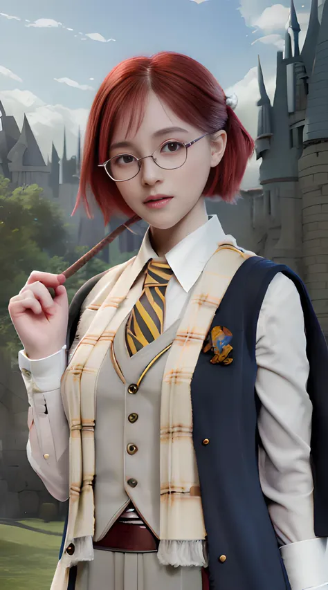 a young woman, epic realistic, photo, faded, complex stuff around,(H0GLEGACYv2),(Hogwarts castle patio),(outside),8K, render,octane, 3D, digital art,very detailed, detailed,ultra realistic, sharp, no blur, edited, corrected, trending,neutral colors, ((((hdr)))), ((((muted colors)))), intricate scene,intricate details, vignette, <lora:japaneseDollLikeness_v10:0.1> <lora:koreanDollLikeness_v15:0.2> <lora:taiwanDollLikeness_v10:0.1> ,hiqcgbody,<lora:hipoly3DModelLora_v10:0.5>,((red hair)),(silver round frame Glasses), <lora:hogwartsUniformLora_weak:1>,hogsks,best quality,red eyes, hogwarts school uniform,((hufflepuff)),black robe,scarf, (:3:0.5), (vest:1.2),outside, snow, black-yellow robe,(((holding small magic wand)))