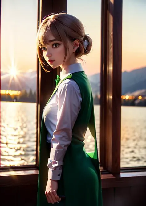 best quality, masterpiece, illustration, an extremely delicate and beautiful, extremely detailed ,CG ,unity ,8k wallpaper, Amazing, finely detail, masterpiece,best quality,official art, extremely detailed CG unity 8k wallpaper, absurdres, incredibly absurdres, huge filesize, ultra-detailed, highres, extremely detailed, beautiful detailed girl, extremely detailed eyes and face, cute, (Kpop idol), (aegyo sal:1),1girls,18 years old,large breasts,narrow waist,(slim:1.4),standing,posing,(full_body),Particularly strong light,(photo lighting:1.4),brown hair,(ass views and dress views),from behind,blush, shy,(sunset:1.2),(sunshine on body),complex stuff around,(Hogwarts castle patio),(outside),intricate scene,intricate details, vignette, <lora:hogwartsUniformLora_weak:1>,hogsks, ((hogwarts school uniform)),((Slytherin)),black robe,scarf, (:3:0.5), (vest:1.2),outside, snow, black-green robe,(((holding small magic wand)))
