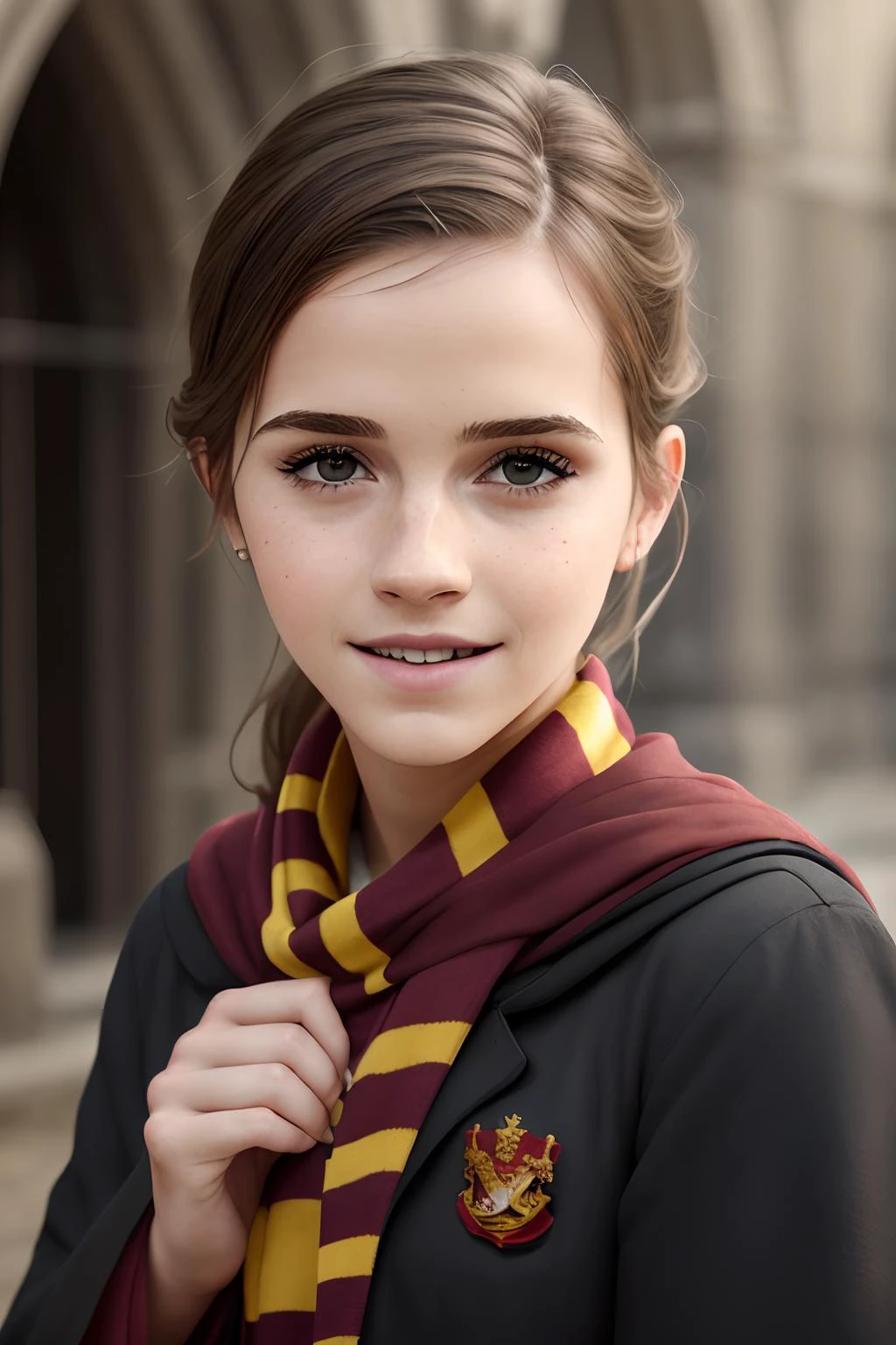masterpiece, RAW, analog, Nikon Z 85mm, award winning glamour photograph, highres, photorealistic, real, extremely high quality RAW photograph, detailed background, intricate, (perfect lighting:1.2), cinematic lighting, emma watson, (CHAR-EmmaWatson:0.2) , hermione, 1girl, solo, portrait, looking at viewer, smile, upper body, focus on face, brown eyes, smile, facing viewer, <lora:CLOTHES-HogwartsUniform:0.4>, hogsks, striped scarf, gryffindor, black robe, medieval, gothic architecture, mist, dof,