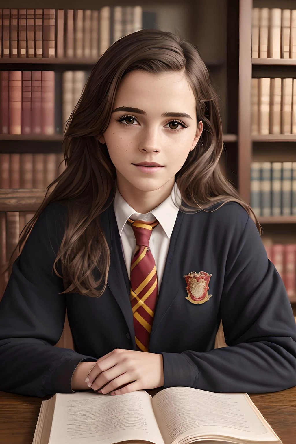 masterpiece, RAW, analog, Nikon Z 85mm, award winning glamour photograph, highres, photorealistic, real, extremely high quality RAW photograph, detailed background, intricate, (perfect lighting:1.1), cinematic lighting, emma watson, (CHAR-EmmaWatson:0.7), 1girl, solo, portrait, looking at viewer, smile, upper body, focus on face, brown eyes, smile, facing viewer, <lora:CLOTHES-HogwartsUniform:0.3>, hogsks, gryffindor, black robe, medieval, gothic architecture, dof, necktie, library,