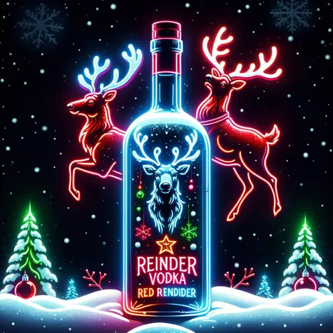 text "red reindeer", <lora:Neon Christmas_XL_DonMN30nChr1stGh0stsXL:1> hyper detailed masterpiece, dynamic realistic digital art, awesome quality, DonMN30nChr1stGh0stsXL neon blizzard of red, vodka with "red reindeer" brand logo on bottle,
