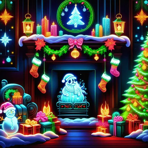 hyper detailed masterpiece, dynamic realistic digital art, awesome quality, DonMN30nChr1stGh0stsXL neon christmas card designs, jacob marley, lanterns,stuffing, tranquil and serene,wholesome and heartwarming,grateful and thankful, crystal chandeliers, hanging stockings by the fireplace <lora:DonMN30nChr1stGh0stsXL-000009:1>