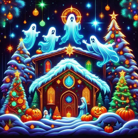 hyper detailed masterpiece, dynamic realistic digital art, awesome quality, DonMN30nChr1stGh0stsXL neon christmas card designs, ghostly apparitions, nativity scene,,pumpkin pie, tranquil and serene,cheerful and lively, bohemian lighting, going on a holiday light tour  <lora:DonMN30nChr1stGh0stsXL-000009:1>