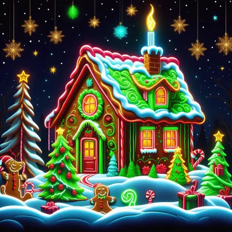 hyper detailed masterpiece, dynamic realistic digital art, awesome quality, DonMN30nChr1stGh0stsXL neon gingerbread house art, max (the grinch's dog), advent calendar,apple pie, tranquil and serene,radiant and glowing,heartfelt and sentimental, under cabinet lighting, exchanging gifts <lora:DonMN30nChr1stGh0stsXL-000009:1>