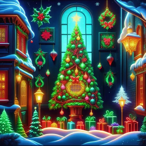hyper detailed masterpiece, dynamic realistic digital art, awesome quality, DonMN30nChr1stGh0stsXL neon mistletoe and holly illustrations, scrooge's counting house, chocolate truffles,lanterns, radiant and glowing,reflective and grateful, desk lamps, twinkling lights and ornaments on christmas trees <lora:DonMN30nChr1stGh0stsXL-000009:1>