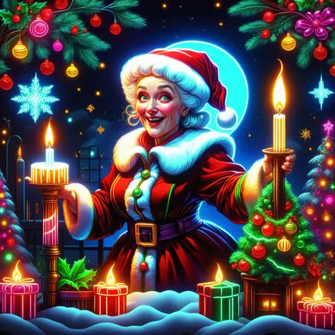 hyper detailed masterpiece, dynamic realistic digital art, awesome quality, DonMN30nChr1stGh0stsXL neon vintage, mrs. claus, mincemeat pie, uplifting and spirited,generous and giving, garden lights, glowing lanterns and candles lighting up the darkness  <lora:DonMN30nChr1stGh0stsXL-000009:1>