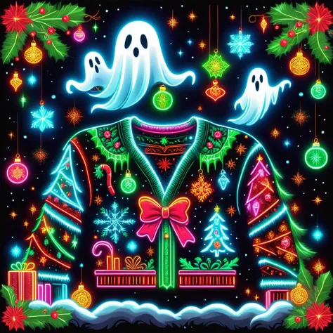 hyper detailed masterpiece, dynamic realistic digital art, awesome quality, DonMN30nChr1stGh0stsXL neon ugly christmas sweater designs, ghost of christmas present, garland, reflective and grateful,warm and inviting,filled with joy and laughter, moroccan lighting, exchanging gifts <lora:DonMN30nChr1stGh0stsXL-000009:1>