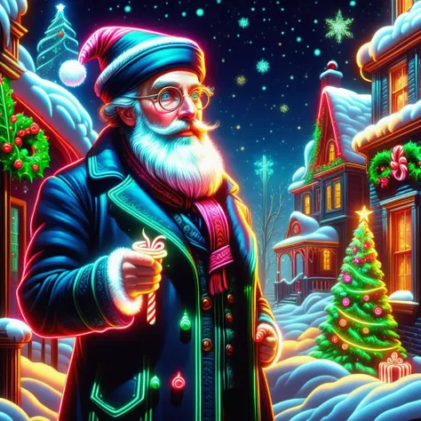 hyper detailed masterpiece, dynamic realistic digital art, awesome quality, DonMN30nChr1stGh0stsXL neon victorian christmas, bob cratchit, candy canes, cozy and comforting, scandinavian lighting, icy and serene winter scenes  <lora:DonMN30nChr1stGh0stsXL-000009:1>