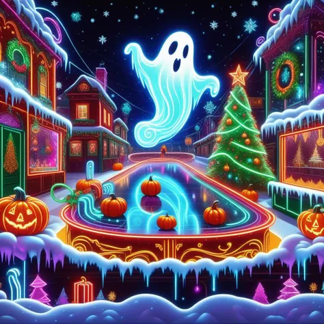 hyper detailed masterpiece, dynamic realistic digital art, awesome quality, DonMN30nChr1stGh0stsXL neon ice skating scenes, ghost of christmas present, pumpkin soup, filled with joy and laughter, artistic light installations, bustling holiday markets <lora:DonMN30nChr1stGh0stsXL-000009:1>