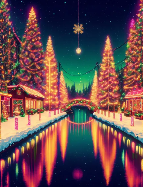 hyper detailed masterpiece, dynamic realistic digital art, awesome quality, DonMN30nChr1stGh0sts neon christmas lights and decorations, reflection, , wholesome and heartwarming, starburst lights, participating in a secret santa gift exchange <lora:DonMN30nChr1stm4s_v2-000006:0.7>
