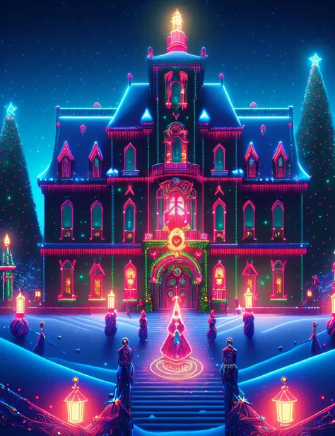 hyper detailed masterpiece, dynamic realistic digital art, awesome quality, DonMN30nChr1stGh0sts neon midnight mass illustrations, the nutcracker, mistletoe, heartfelt and sentimental, coastal lighting, going on a holiday light tour  <lora:DonMN30nChr1stm4s_v2-000006:0.7>