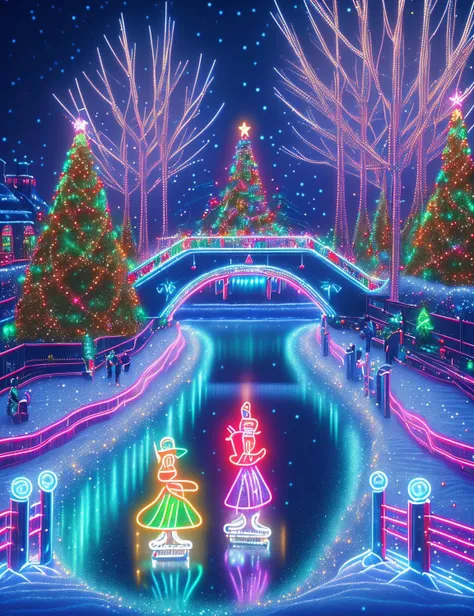 hyper detailed masterpiece, dynamic realistic digital art, awesome quality, DonMN30nChr1stGh0sts neon contemporary christmas art, belle, ribbons, heartfelt and sentimental,peaceful and serene,uplifting and spirited, recessed lighting, scenes of people ice skating on frozen ponds <lora:DonMN30nChr1stm4s_v2-000006:0.7>