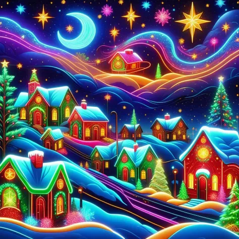 hyper detailed masterpiece, dynamic realistic digital art, awesome quality, DonMN30nChr1stGh0stsXL neon starry night christmas art, gratitude, christmas village, uplifting and spirited,harmonious and unified, led lights, festively decorated neighborhoods <lora:DonMN30nChr1stGh0stsXL-000009:1>