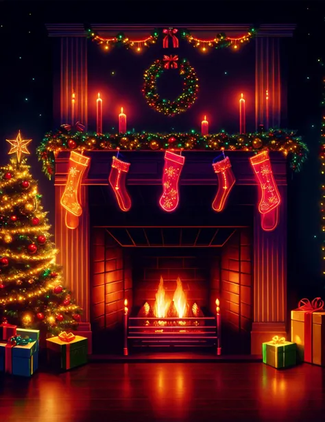 hyper detailed masterpiece, dynamic realistic digital art, awesome quality, DonMN30nChr1stGh0sts neon fireplace and stockings art, midnight mass, garland, nostalgic and reminiscent,bright and colorful,radiant and glowing, accent lighting, making and enjoying holiday treats <lora:DonMN30nChr1stm4s_v2-000006:0.7>
