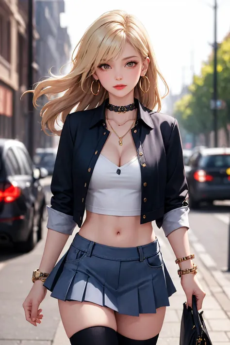 <lora:Again_Girl_A16:0.8>,Again_Girl_A16, jewelry, 1girl, breasts, skirt, underwear, blurry, earrings, blurry background, necklace, looking at viewer, navel, shirt, bracelet, cleavage, solo, long hair, blonde hair, pleated skirt, outdoors, cowboy shot, parted lips, car, bag, hoop earrings, depth of field, grey skirt, sleeves rolled up, midriff, collar, road, miniskirt, medium breasts, motor vehicle, collarbone, holding, collared shirt, black thighhighs, holding bag, street, standing, grey eyes, choker, handbag, lips, chain, buttons, watch, bow, black shirt, buttoned, single thighhigh, grey shirt, day, zettai ryouiki, bokeh, lace trim, wristwatch, jacket, parted bangs, red lips