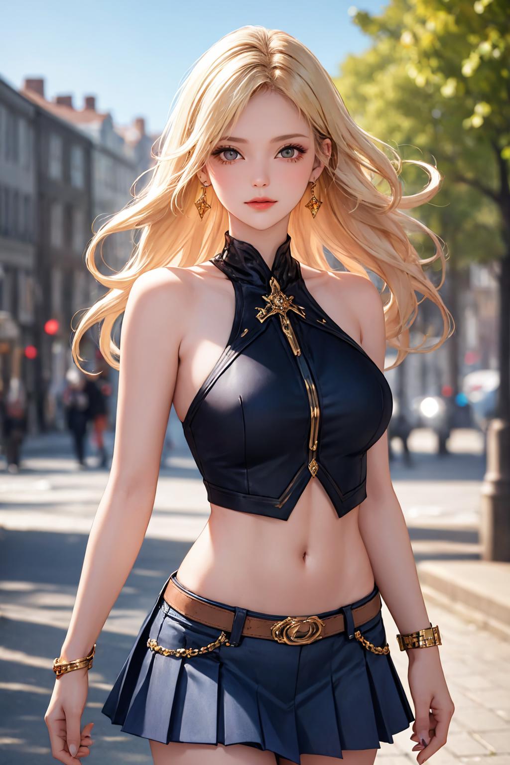 A woman in a black top and skirt posing on a street - SeaArt AI