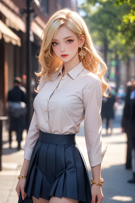 <lora:Again_Girl_A16:0.8>, 1girl, breasts, skirt, blurry, earrings, jewelry, blurry background, looking at viewer, shirt, solo, long hair, blonde hair, open clothes, pleated skirt, outdoors, cowboy shot,