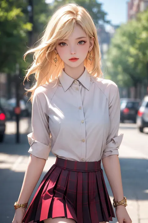 <lora:Again_Girl_A16:0.8>, 1girl, breasts, skirt, blurry, earrings, jewelry, blurry background, looking at viewer, shirt, solo, long hair, blonde hair, open clothes, pleated skirt, outdoors, cowboy shot,