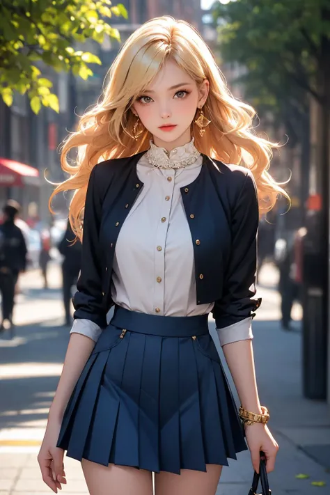 <lora:Again_Girl_A16:0.8>, 1girl, breasts, earrings, looking at viewer, solo, long hair, blonde hair, pleated skirt, outdoors, cowboy shot,