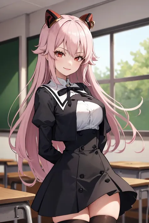 masterpiece, best quality, absurdres, 1girl, solo, ArayaEndo, long hair, hairpods, black neck ribbon, yurigaoka girls academy school uniform, cropped jacket, juliet sleeves, black skirt, high-waist skirt, black thighhighs, indoors, classroom, arms behind back, smile, <lora:ArayaEndo:1>