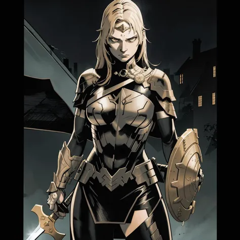 woman, amazon, shield, sword, heroic, serious, night, detailed, masterpiece, absurdres, best quality, dark, flat colors, night <lora:clayMann-000012:0.75>