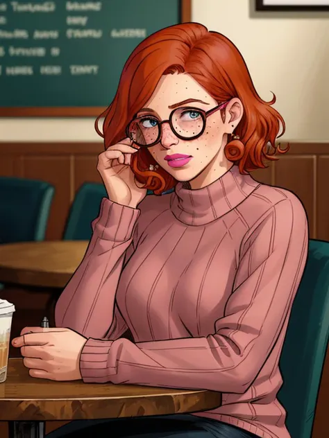 woman, shy, blush, short curly ginger hair, medium breasts, freckles, round glasses, sweater, sitting, table, cafe, pink lips, long eyelashes, detailed, masterpiece, absurdres, best quality, (clay mann:0.5)