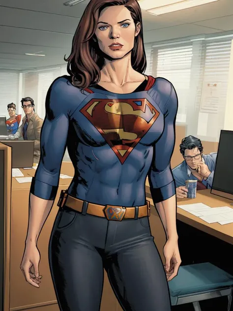 man, clark kent, woman, lois lane, office, detailed, masterpiece, absurdres, best quality, cowboy shot, Clay Mann <lora:clayMannLoRA-000020:0.75>