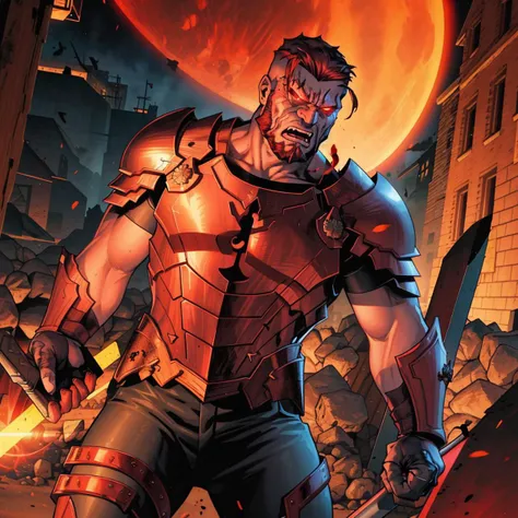 mature male, red glowing eyes, side cut, beard, angry, rampaging, hammer, armor, heroic, angry, open mouth, night, detailed, masterpiece, absurdres, best quality, dark, flat colors <lora:clayMann-000012:0.75>