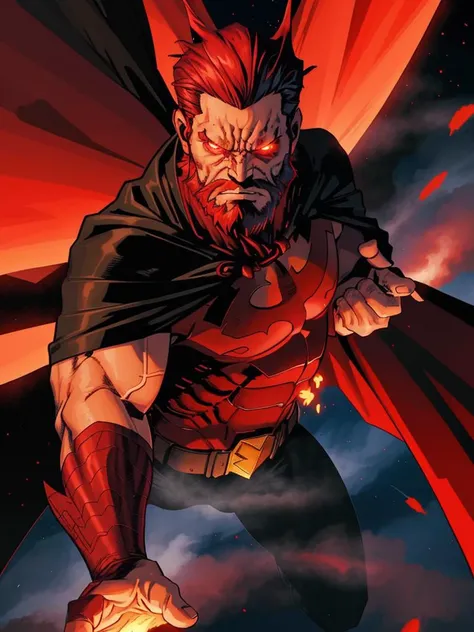 mature male, red glowing eyes, beard, angry, angry, night, detailed, flying, cape, masterpiece, absurdres, best quality, dark, flat colors <lora:clayMann-000012:0.75>