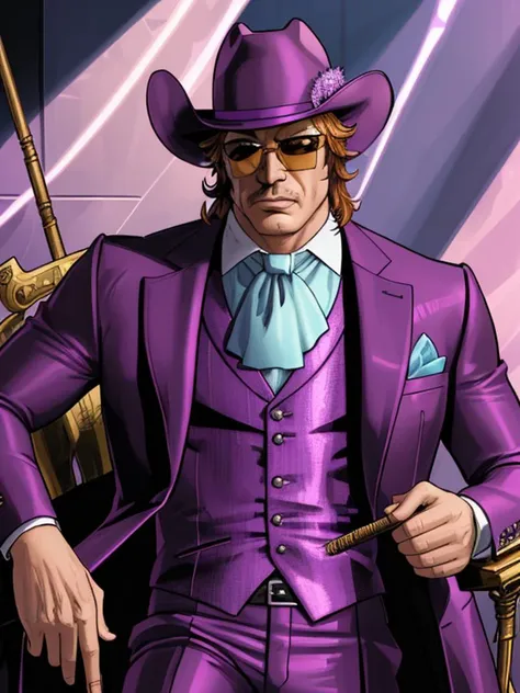 man, P.I.M.P., solo, purple suit, shimmering clothes, cane, sunglasses, smug, highly detailed face, detailed, masterpiece, absurdres, best quality, cowboy shot