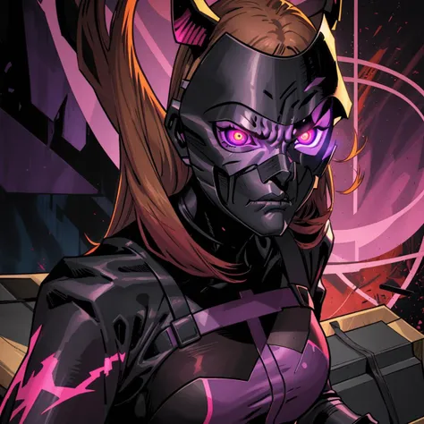 mature female, (purple glowing eyes), black uniform, mask, angry, day, detailed, masterpiece, absurdres, best quality, dark, flat colors <lora:clayMann-000012:0.75>
