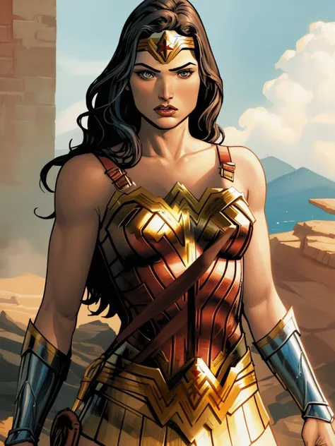Clay Mann, wonder woman, woman, detailed, masterpiece, absurdres, best quality, cowboy shot <lora:clayMannLoRA-000020:0.75>