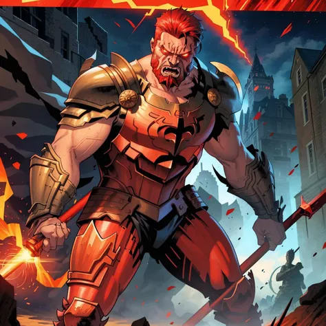 mature male, red glowing eyes, side cut, beard, angry, rampaging, hammer, armor, heroic, angry, open mouth, night, detailed, masterpiece, absurdres, best quality, dark, flat colors <lora:clayMann-000012:0.75>