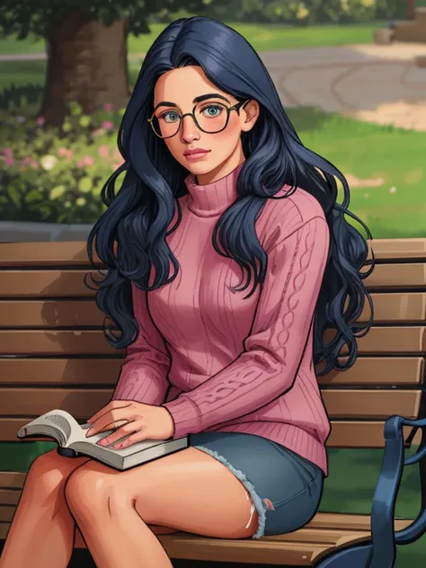 woman, shy, blush, long wavy hair, medium breasts, round glasses, book, blue sweater, sitting, bench, outdoors, pink lips, long eyelashes, highly detailed face, detailed, masterpiece, absurdres, best quality, (clay mann:0.5)