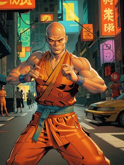 masterpiece, best quality, a professional erotic portrait photograph with vivid colors of an athletic cyberpunk shaolin monk in a kung fu stance on a busy cyberpunk street, detailed, masterpiece, absurdres, best quality, flat colors, dark, upper body <lora:clayMann-000012:0.85>