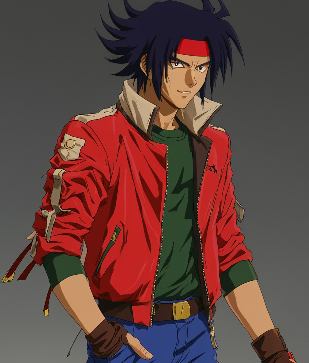 A close up of a person wearing a red jacket and blue pants - SeaArt AI